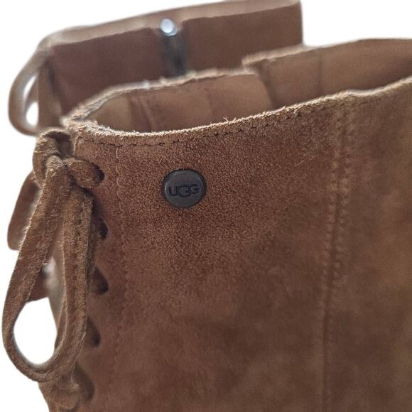 UGG Women's Size 7 Camel Suede Lace Back Side Zip Heeled Ankle Booties - Picture 6 of 9